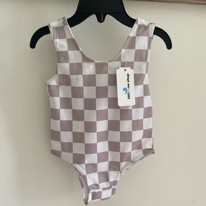 Little One Shop Kids Checkerboard One-Piece Swimsuit in Taupe and White